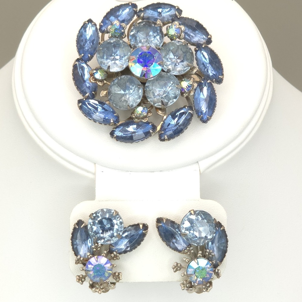Signed Beau Jewels Brooch & Clip On Earrings Set Baby Ice Blue AB Flower Swirl
